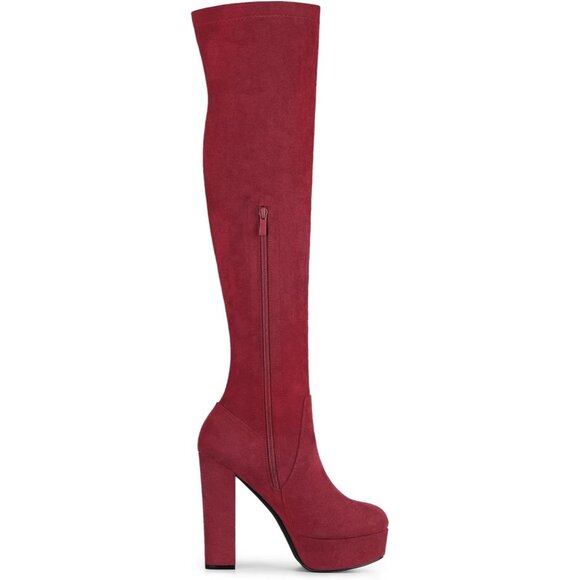 Women Burgundy Suede Chunky Heel Rounded Toe Over the Knee Thigh High Long Boots - Picture 6 of 6